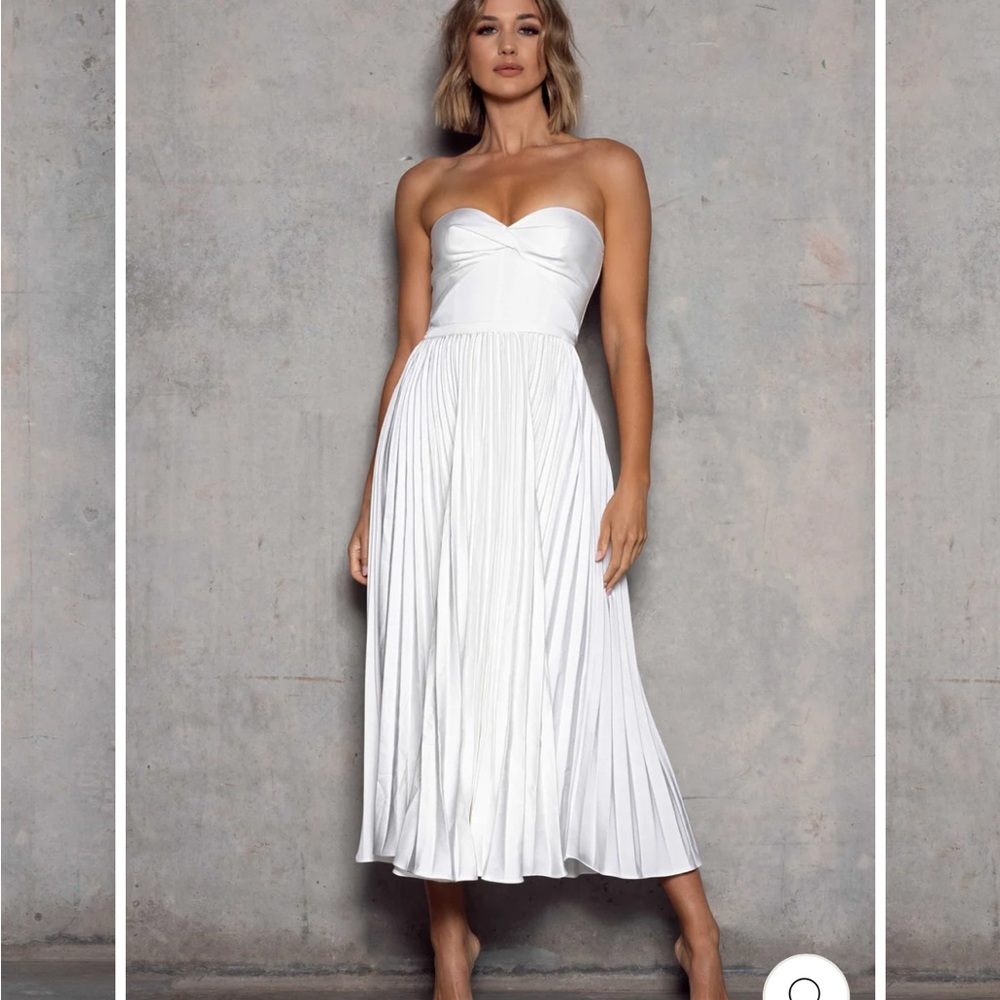 Strapless White Pleated Midi Dress